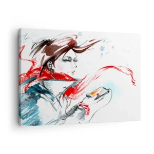 Impression sur toile - Image sur toile - Une femme portant un foulard rouge avec des traits d'aquarelle dynamiques - 70x50cm - Quelque chose se passe en moi - Décoration murale moderne pour le salon et la chambre ARTTOR