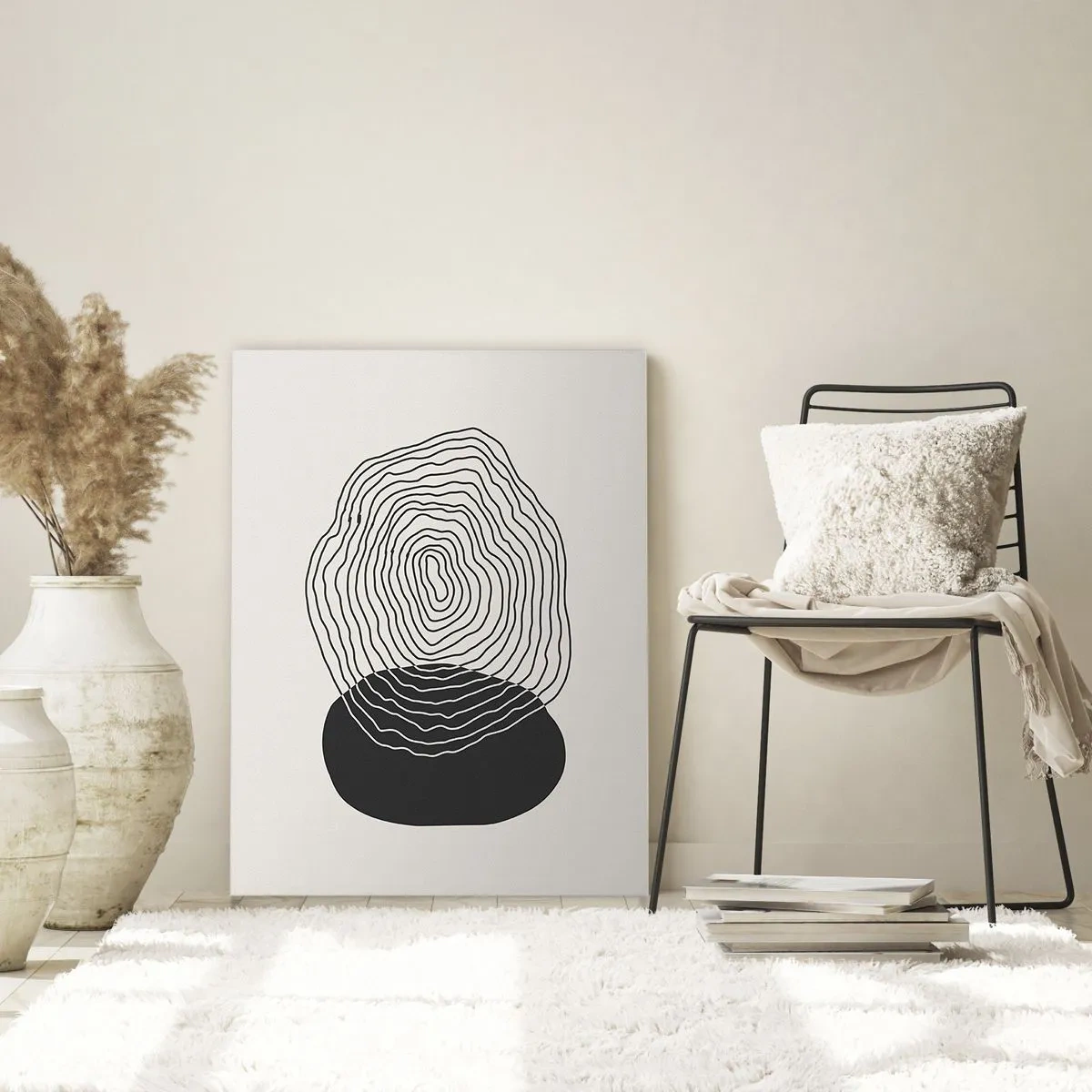 Impression sur verre - Image sur verre - Motif abstrait avec des ovales et des lignes noires et blanches - 50x70cm - Durabilité et oscillation - Décoration murale moderne pour le salon et la chambre ARTTOR