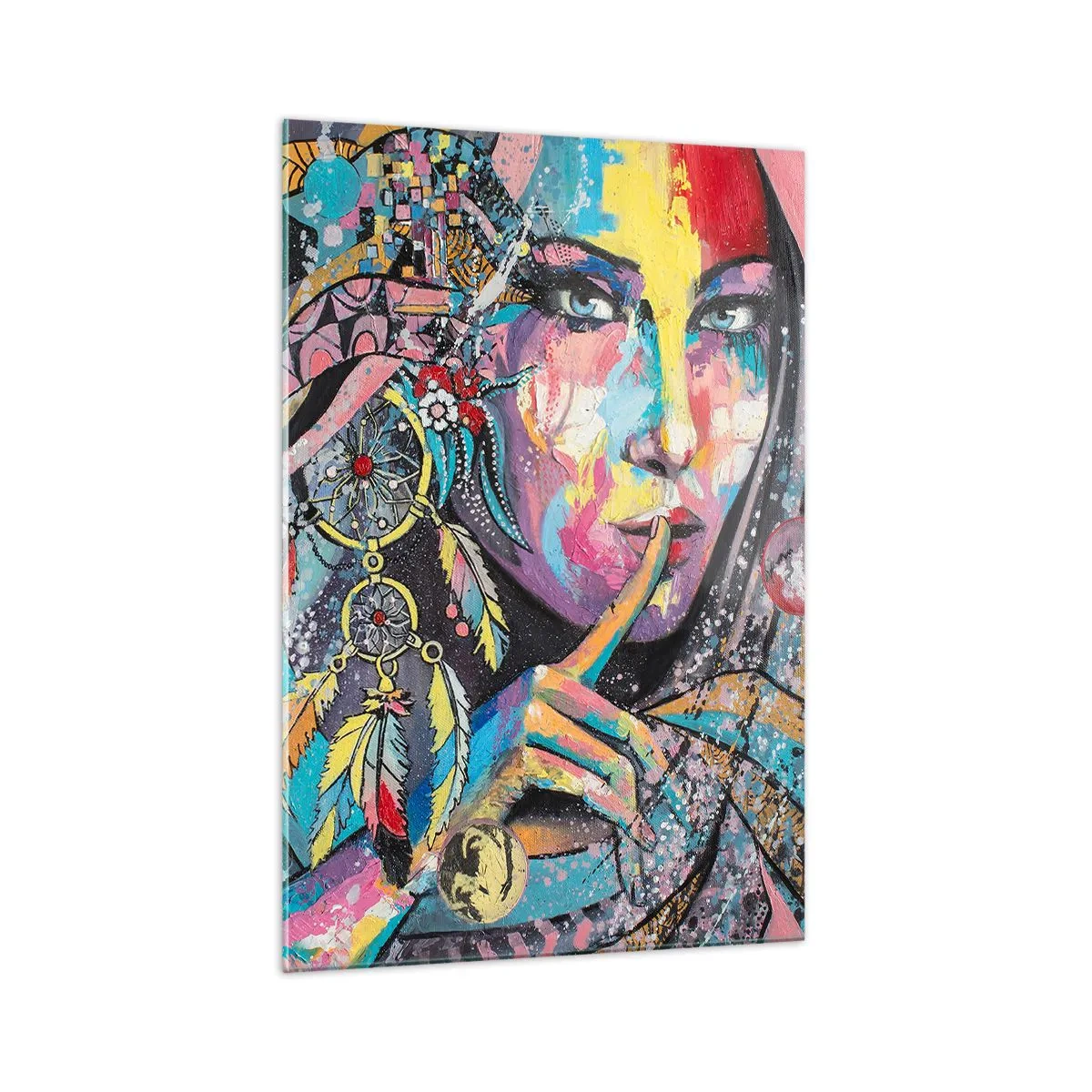 Impression sur verre - Image sur verre - Visage féminin coloré dans un style artistique - 70x100cm - Taisez-vous jusqu'à ce que vous compreniez - Décoration murale moderne pour le salon et la chambre ARTTOR
