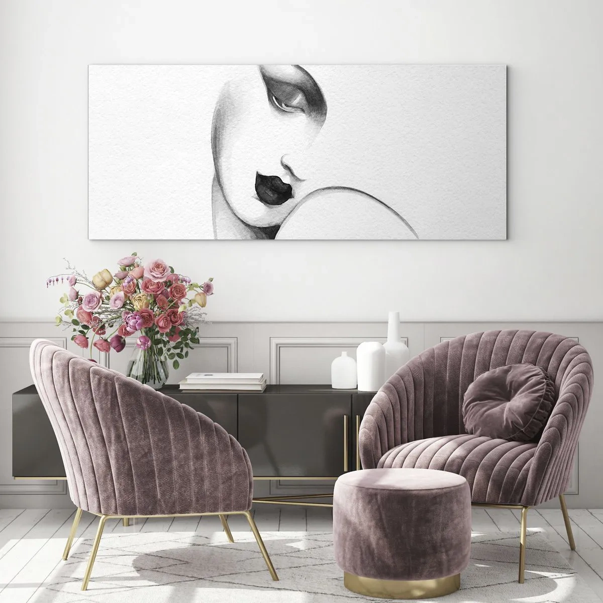 Impression sur verre - Image sur verre - Un portrait subtil d'une femme dans un style monochrome - 160x50cm - Dans le style de Lempicka - Décoration murale moderne pour le salon et la chambre ARTTOR