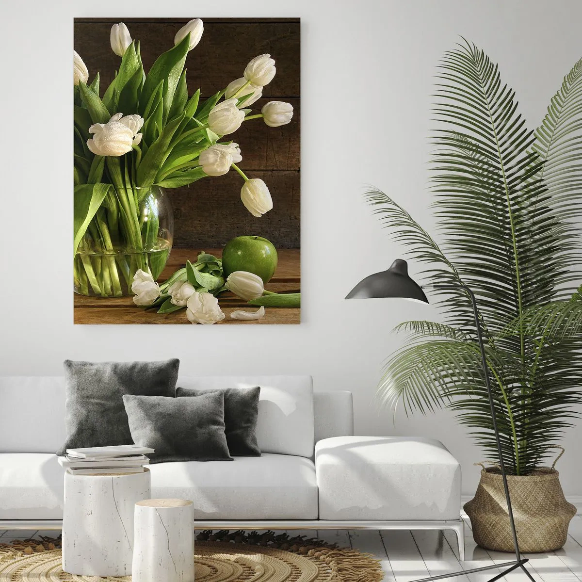 Impression sur verre - Image sur verre - Un bouquet de tulipes blanches dans un vase en verre avec des pommes vertes - 70x100cm - Juteux et frais en vert et blanc - Décoration murale moderne pour le salon et la chambre ARTTOR
