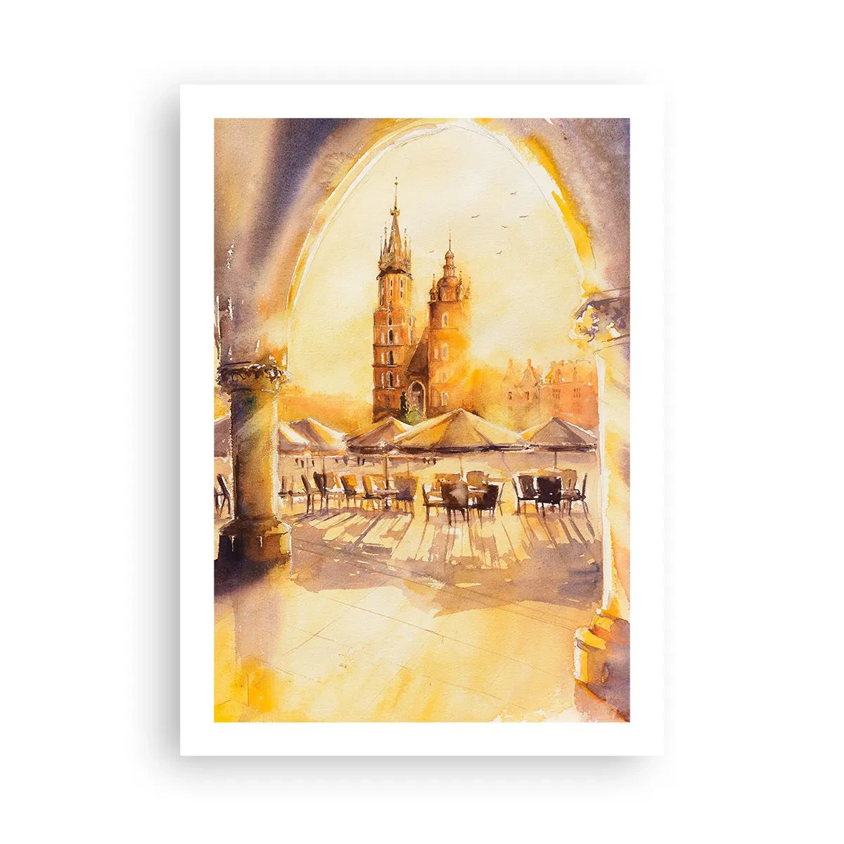 Affiche - Poster - Une aquarelle représentant la place du marché de Cracovie au coucher du soleil. - 50x70cm - À l'est, sur la place du marché de Cracovie - Décoration murale moderne pour le salon et la chambre ARTTOR