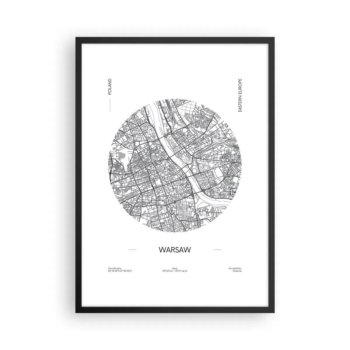 Affiche dans un cadre noir - Poster - Carte minimaliste de Varsovie en cercle - 50x70cm - Anatomie de Varsovie - Décoration murale moderne pour le salon et la chambre ARTTOR