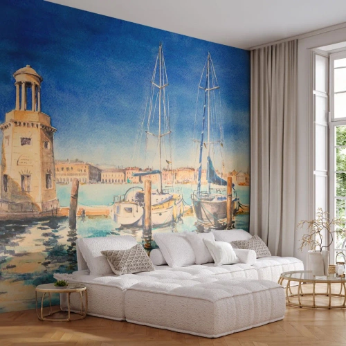 Papier Peint Autocollant Deluxe Sticker - Lagune ensoleillée - port, Paysage, Phare - 150x105 cm