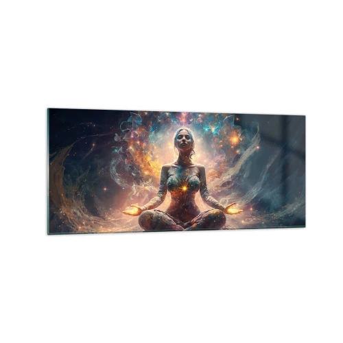 Impression sur verre - Image sur verre - Une figure méditante entourée de motifs et de couleurs énergétiques. - 120x50cm - Flux de bonne énergie - Décoration murale moderne pour le salon et la chambre ARTTOR
