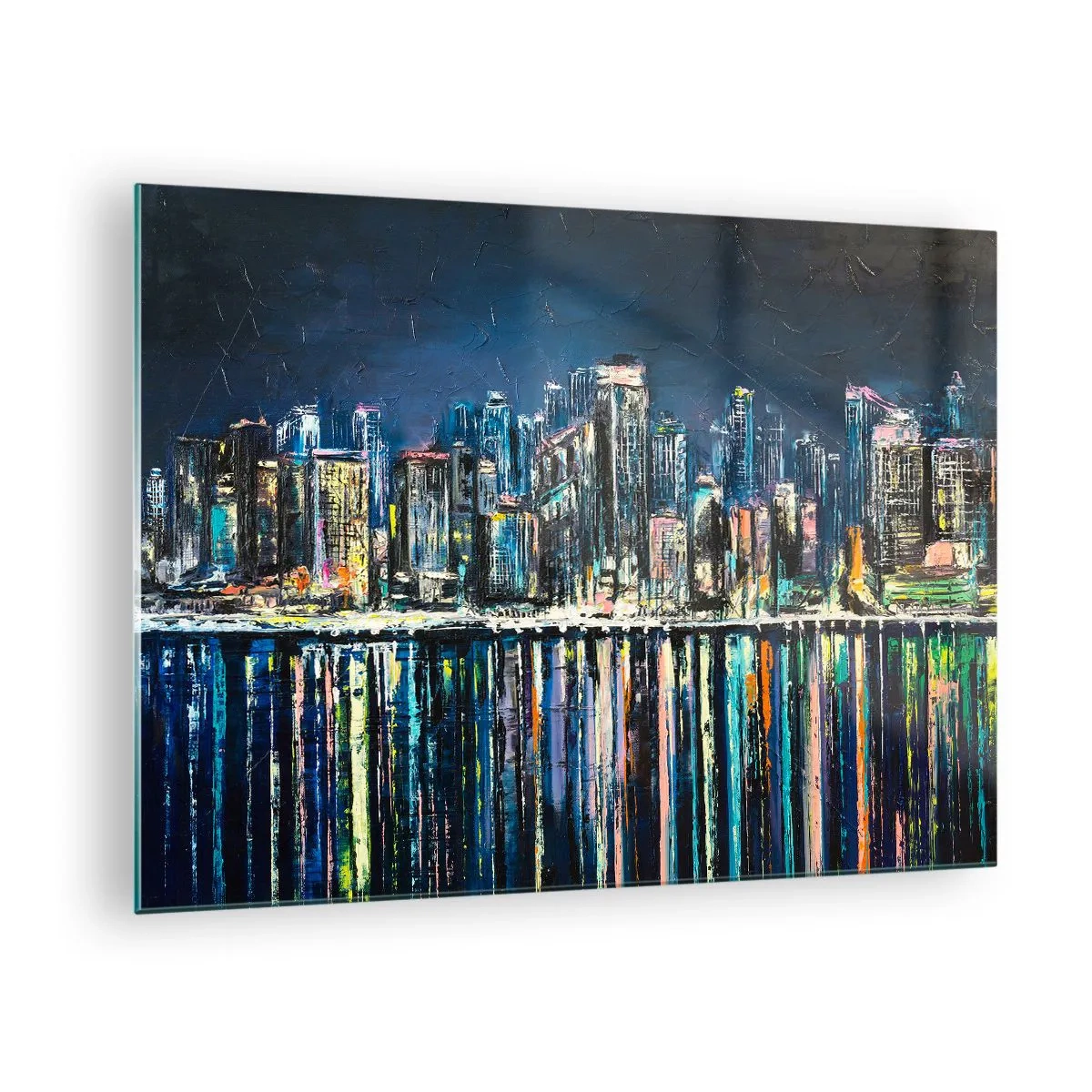 Impression sur verre - Image sur verre - Panorama de la ville la nuit avec les lumières se reflétant dans l'eau - 70x50cm - Cascade de lumières - Décoration murale moderne pour le salon et la chambre ARTTOR