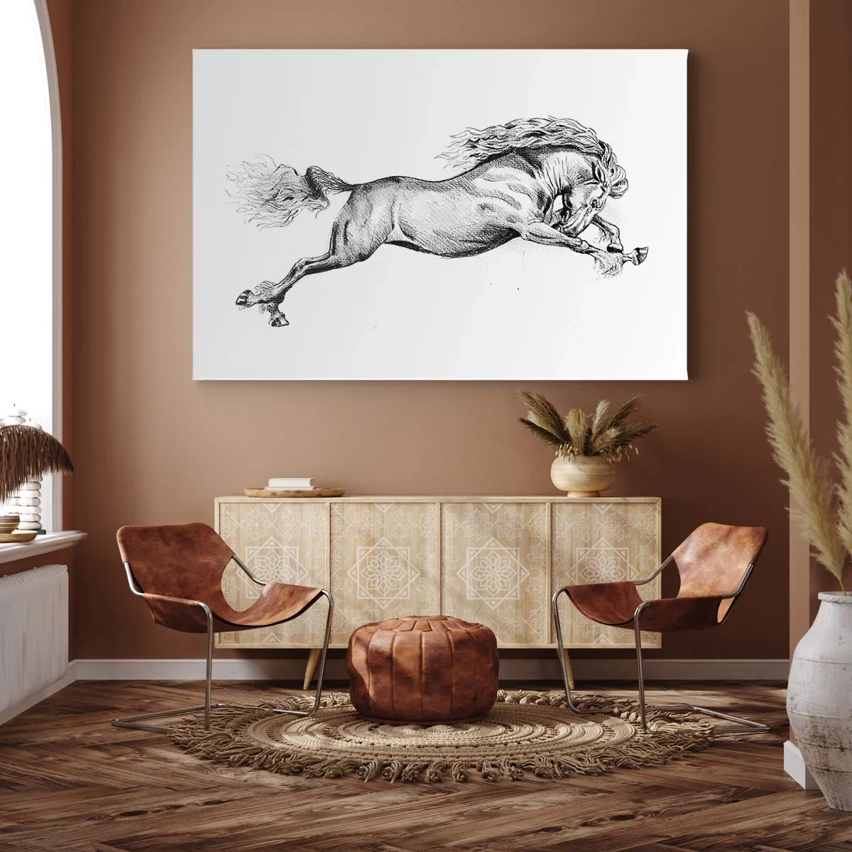 Impression sur toile - Image sur toile - Croquis d'un cheval au galop dynamique sur fond blanc - 100x70cm - Immortalisé au galop - Décoration murale moderne pour le salon et la chambre ARTTOR