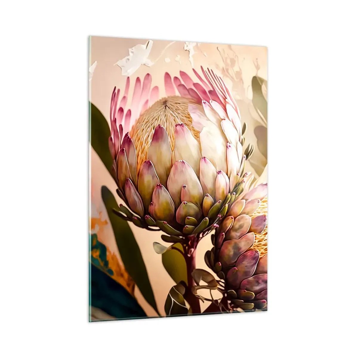 Impression sur verre - Image sur verre - Fleurs de Protea aux tons chauds et à la lumière douce - 50x70cm - Tendrement embrassé - Décoration murale moderne pour le salon et la chambre ARTTOR