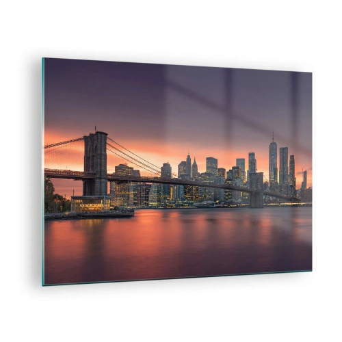 Impression sur verre - Image sur verre - Pont de Brooklyn au coucher du soleil - 70x50cm - Immergé dans le silence lilas - Décoration murale moderne pour le salon et la chambre ARTTOR