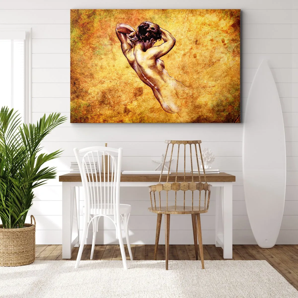 Impression sur toile - Image sur toile - Nu féminin artistique sur fond doré dans un style classique - 70x50cm - Découverte, mais toujours mystèrieuse - Décoration murale moderne pour le salon et la chambre ARTTOR