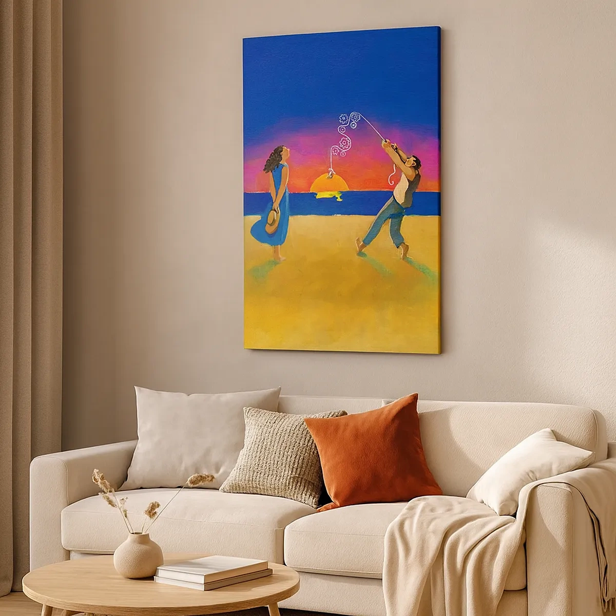 Impression sur toile - Image sur toile - Personnages au bord de la mer au coucher du soleil - 50x70cm - Plus qu'une étoile dans le ciel - Décoration murale moderne pour le salon et la chambre ARTTOR