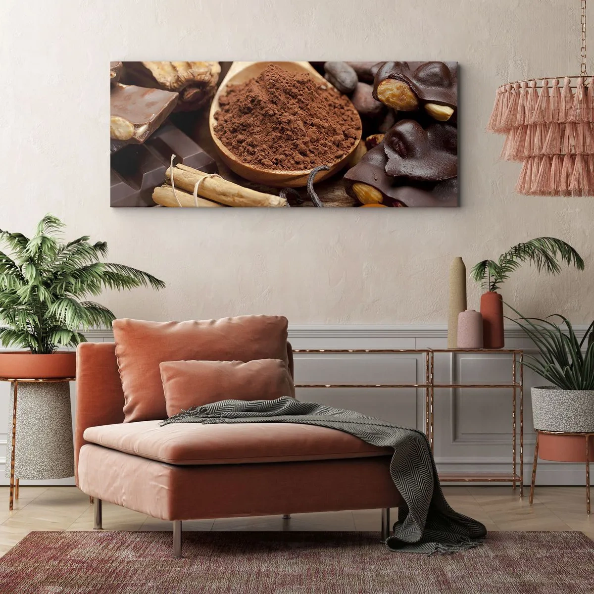 Impression sur toile - Image sur toile - Une cuillerée d'ingrédients à base de cacao et de chocolat dans un arrangement rustique - 160x50cm - La meilleure pour les chagrins - Décoration murale moderne pour le salon et la chambre ARTTOR