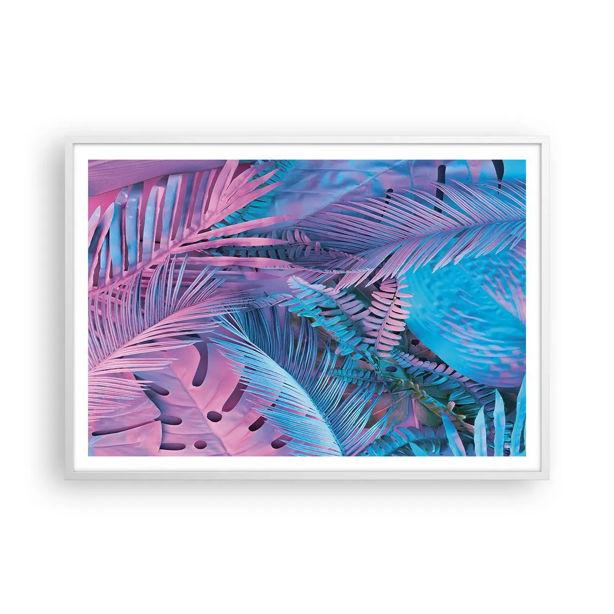 Affiche dans un cadre blanc - Poster - Les tropiques en rose et bleu - 100x70 cm