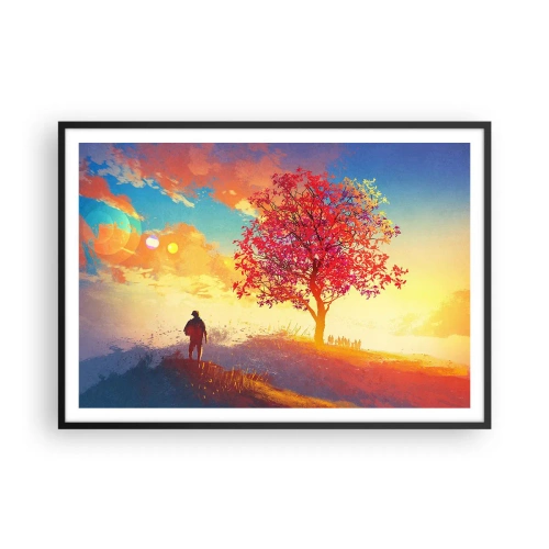 Affiche dans un cadre noir - Poster - Une silhouette sur une colline à côté d'un arbre coloré à la lumière du soleil couchant - 100x70cm - Pèlerin à destination - Décoration murale moderne pour le salon et la chambre ARTTOR
