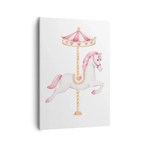 Impression sur toile - Image sur toile - Un cheval de carrousel aux tons pastel de rose - 50x70cm - Les sabots en avant - Décoration murale moderne pour le salon et la chambre ARTTOR