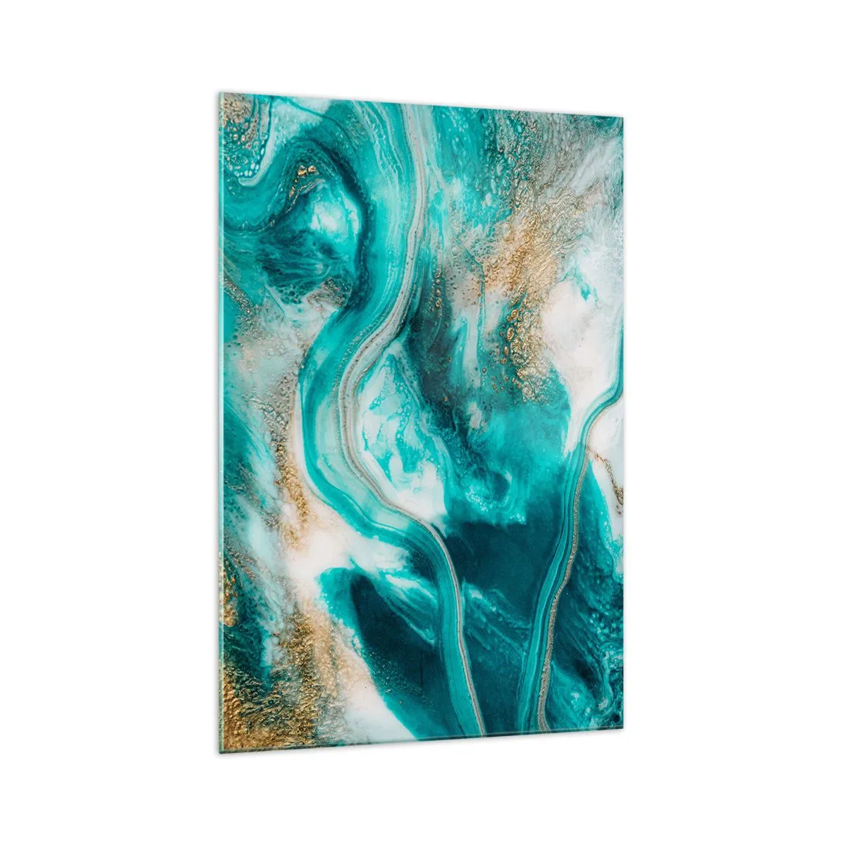 Impression sur verre - Image sur verre - Abstraction turquoise avec des accents blancs et dorés - 70x100cm - Rivière d'or - Décoration murale moderne pour le salon et la chambre ARTTOR