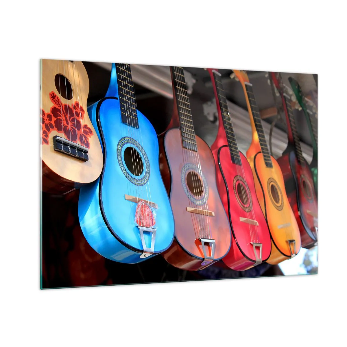 Impression sur verre - Image sur verre - Guitares colorées accrochées en rangée en exposition - 100x70cm - Ambiance latine - Décoration murale moderne pour le salon et la chambre ARTTOR