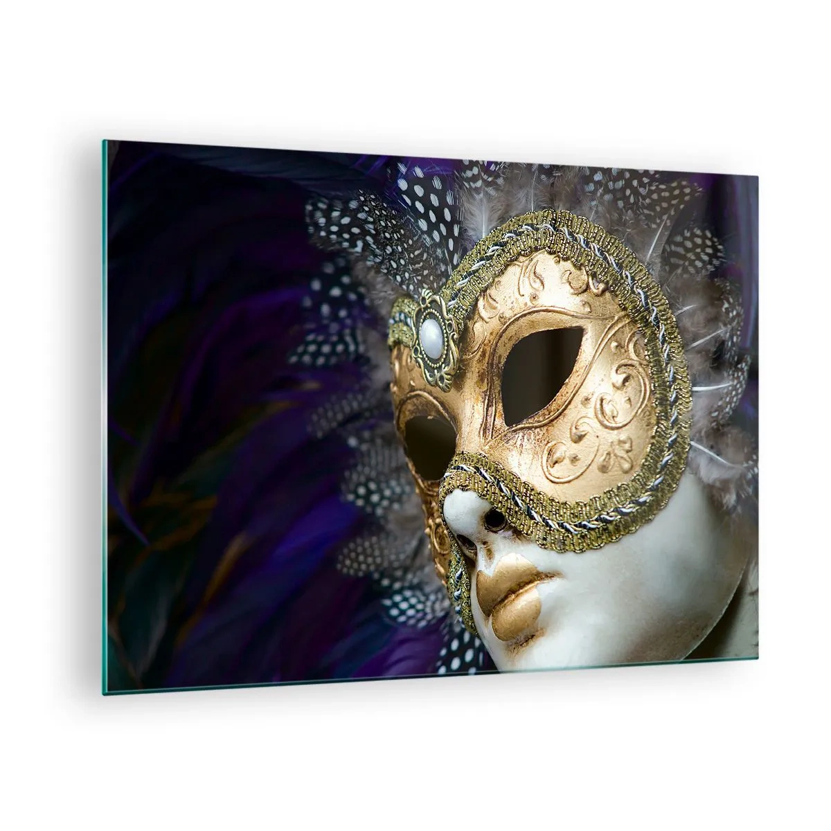 Impression sur verre - Image sur verre - Masque vénitien doré avec plumes sur fond violet - 70x50cm - Portrait vénitien en or - Décoration murale moderne pour le salon et la chambre ARTTOR