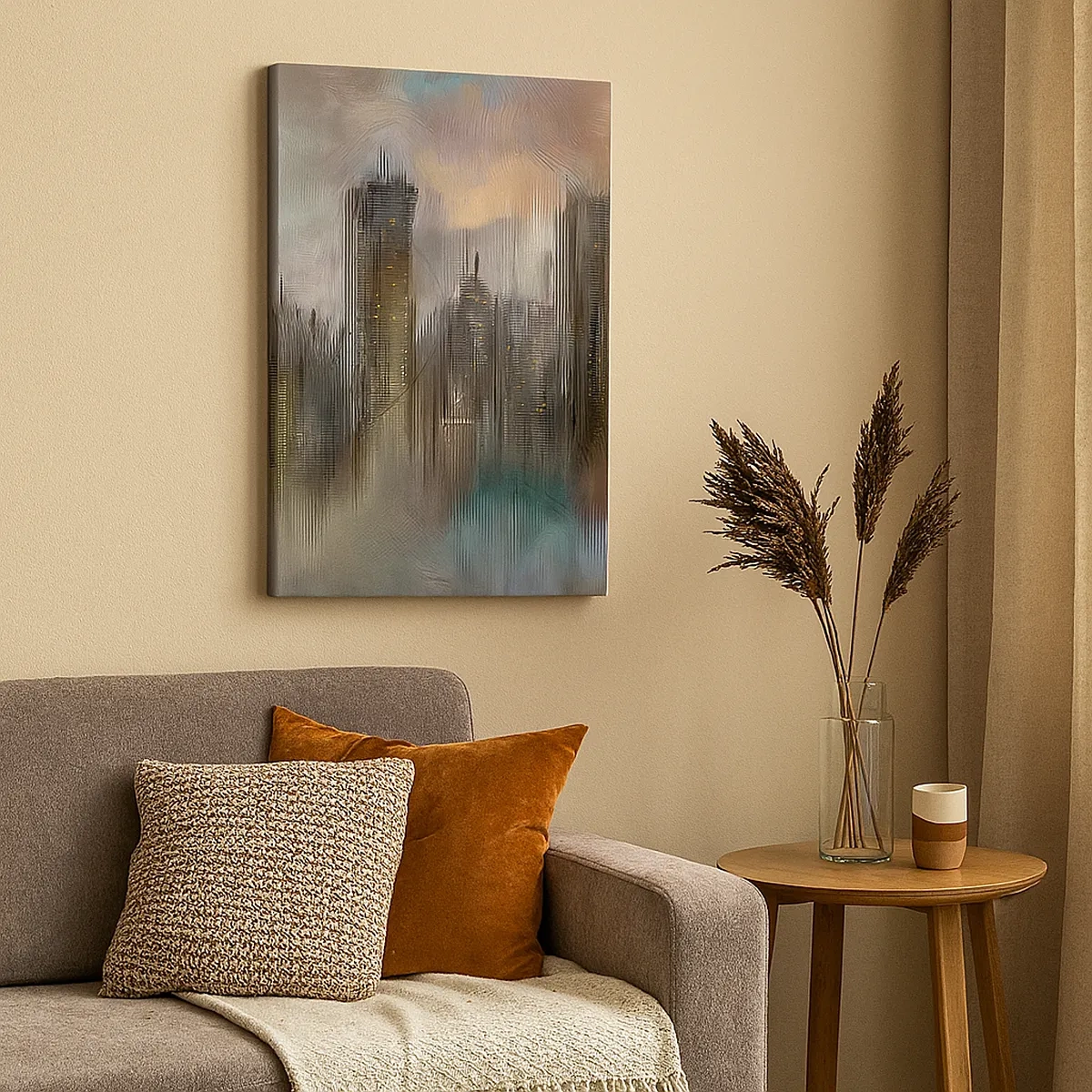 Impression sur toile - Image sur toile - Une vision artistique d'un paysage urbain avec des gratte-ciels aux couleurs pastel. - 50x70cm - Une composition d'acier, de pierre et de brouillard - Décoration murale moderne pour le salon et la chambre ARTTOR