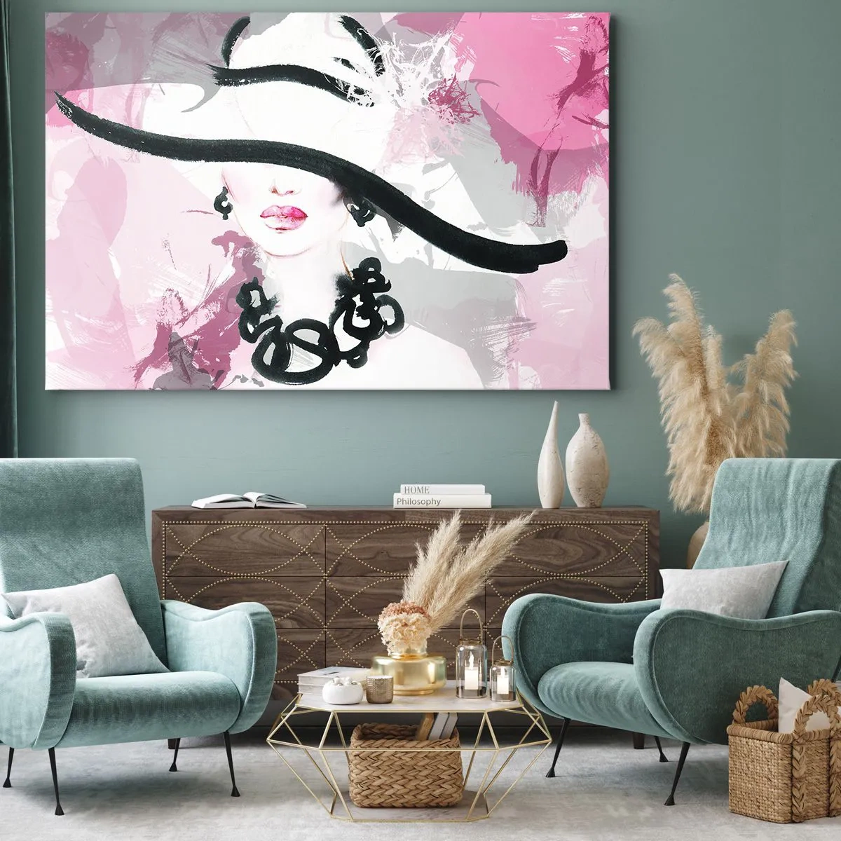 Impression sur toile - Image sur toile - Une femme élégante avec un chapeau sur un fond d'abstractions roses. - 100x70cm - Portrait d'une dame en noir et rose - Décoration murale moderne pour le salon et la chambre ARTTOR