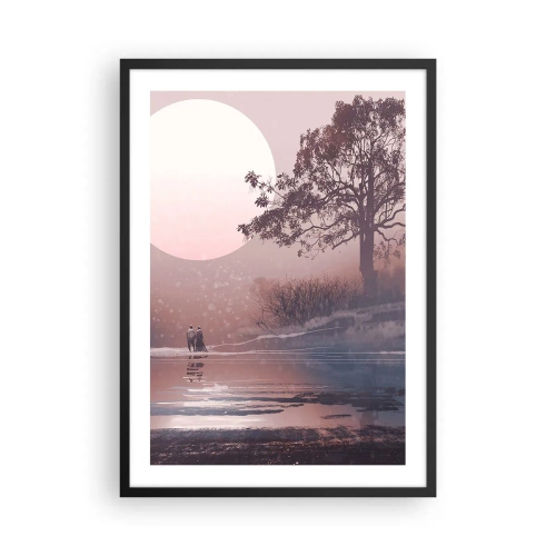 Affiche dans un cadre noir - Poster - Paysage romantique avec la lune et un arbre au bord de l'eau - 50x70cm - Merveilles de la nuit - Décoration murale moderne pour le salon et la chambre ARTTOR