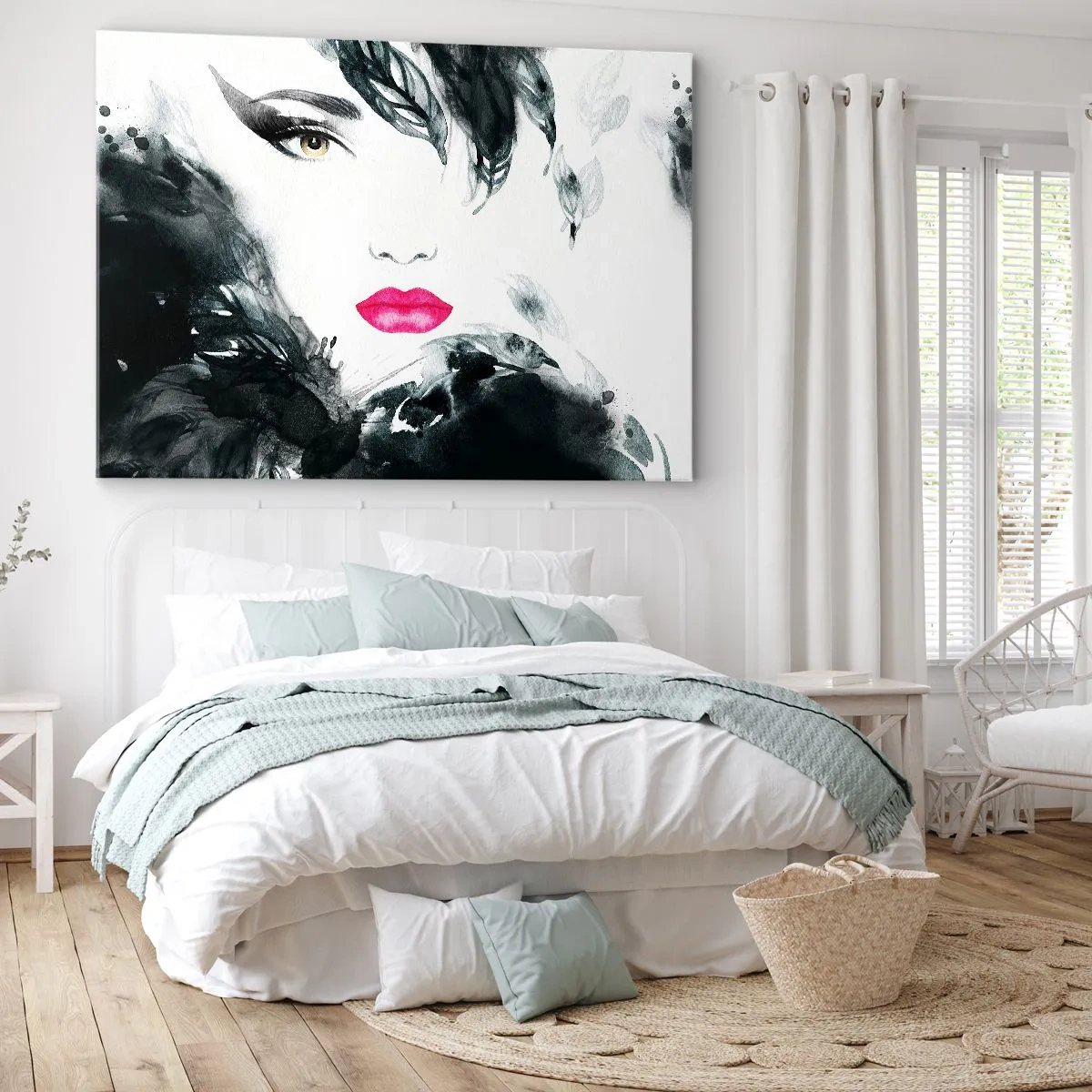 Impression sur toile - Image sur toile - Portrait artistique d'une femme aux lèvres intensément roses - 120x80cm - Attention! Femme fatale - Décoration murale moderne pour le salon et la chambre ARTTOR