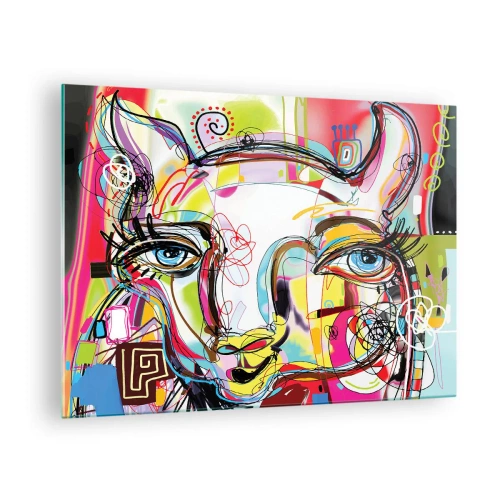 Impression sur verre - Image sur verre - Image abstraite du visage d'un chat dans une expression artistique colorée - 70x50cm - La richesse de l'Art du chat - Décoration murale moderne pour le salon et la chambre ARTTOR