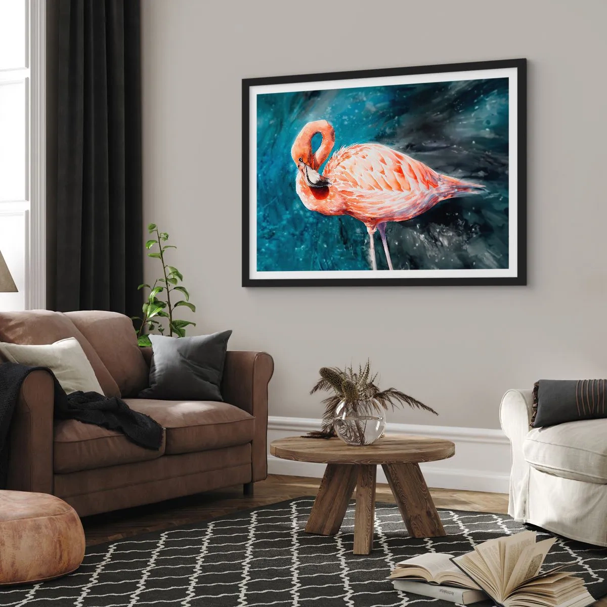 Affiche dans un cadre noir - Poster - Un flamant rose sur un fond bleu aquarelle - 100x70cm - Décoratif par nature - Décoration murale moderne pour le salon et la chambre ARTTOR