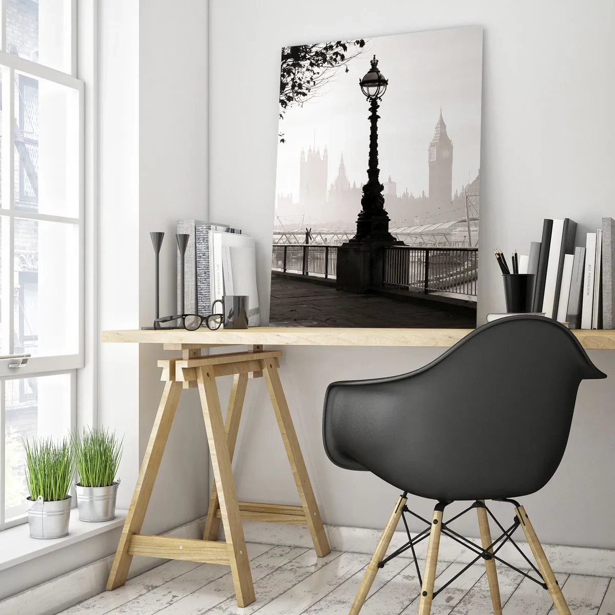 Impression sur verre - Image sur verre - Une vue monochrome de Big Ben et de la Tamise. - 80x120cm - Un matin londonien - Décoration murale moderne pour le salon et la chambre ARTTOR