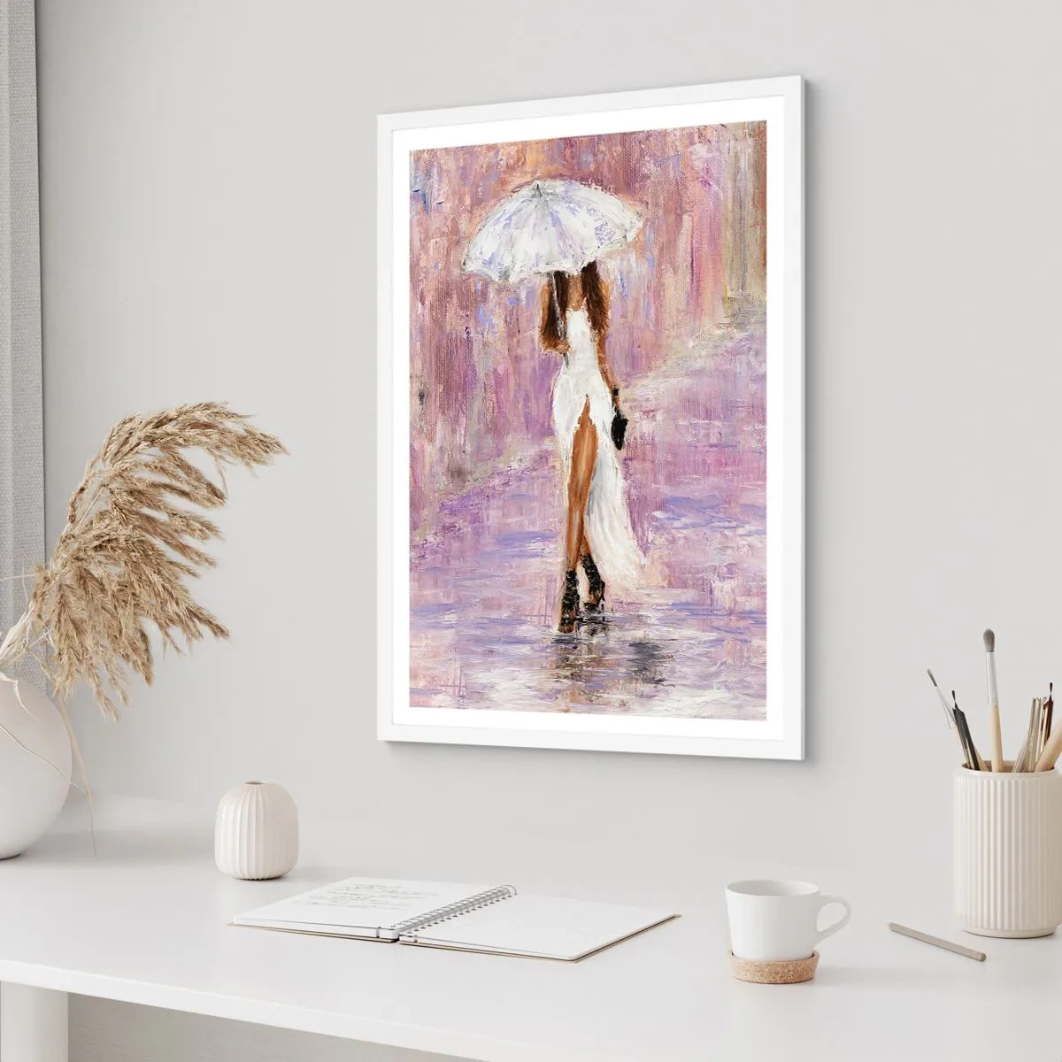 Affiche dans un cadre blanc - Poster - Sous la pluie lilas - 30x40 cm