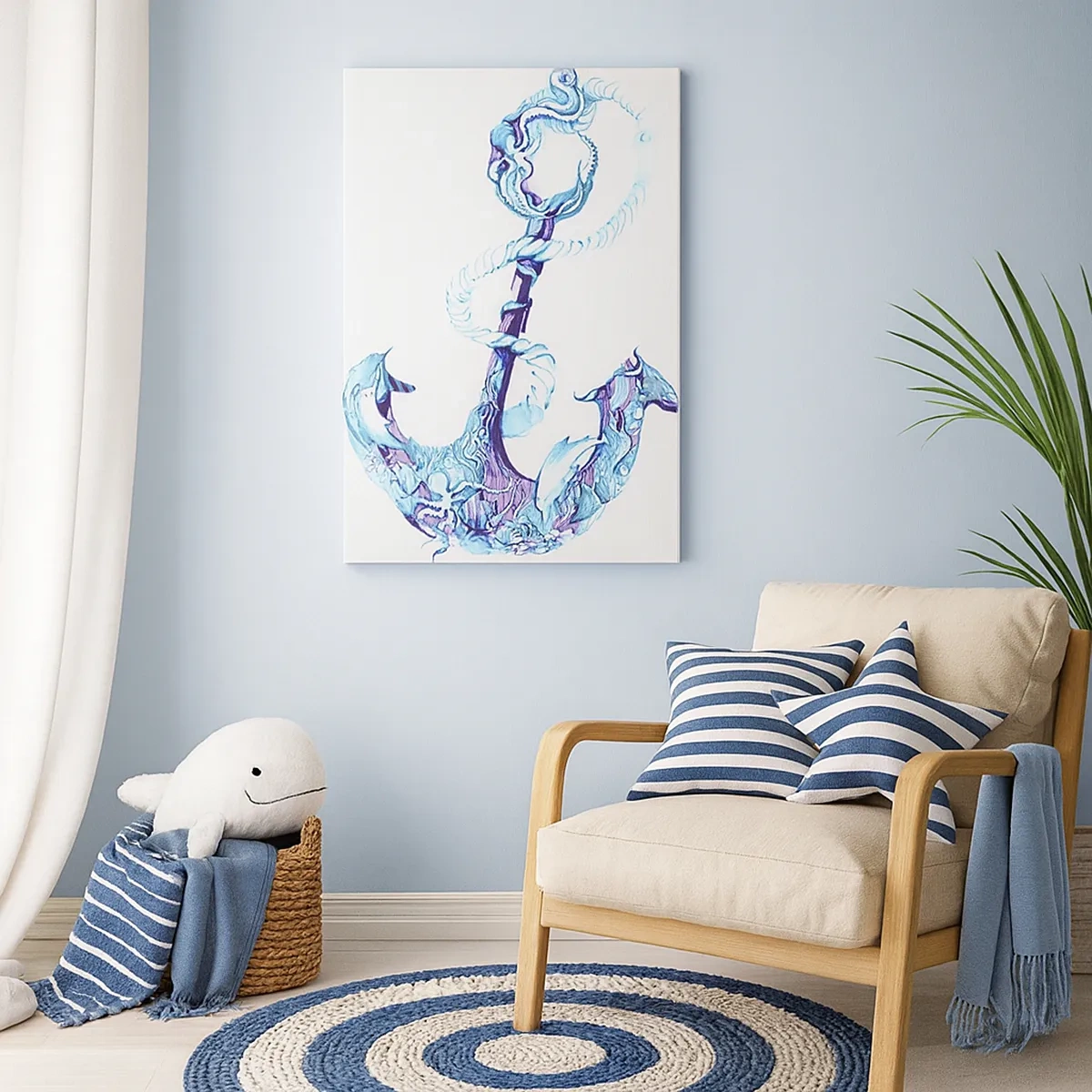 Impression sur toile - Image sur toile - Ancre abstraite dans des tons de bleu avec des détails nautiques - 50x70cm - Le confident des secrets de la mer - Décoration murale moderne pour le salon et la chambre ARTTOR