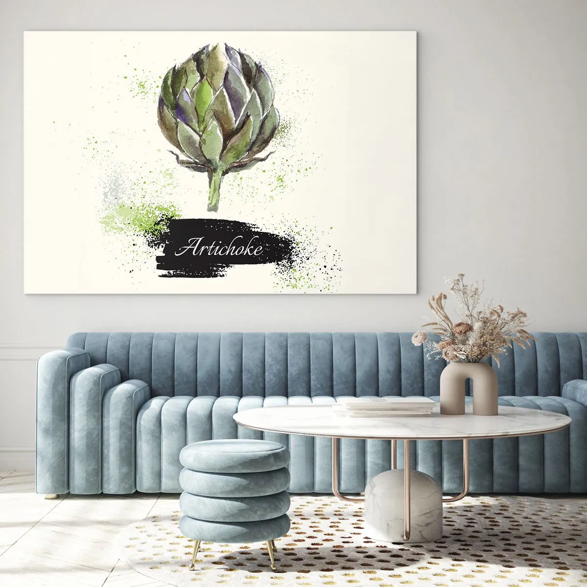 Impression sur verre - Image sur verre - Graphique d'artichaut à l'aquarelle avec le mot Artichaut écrit dessus - 100x70cm - Vive les légumes! - Décoration murale moderne pour le salon et la chambre ARTTOR