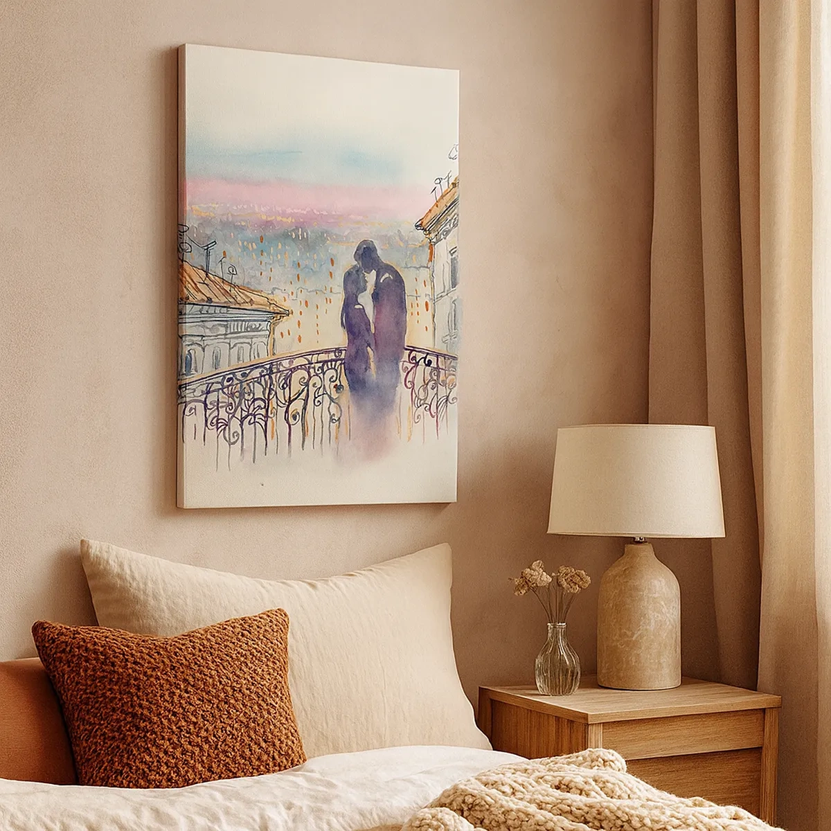 Impression sur toile - Image sur toile - Couple romantique sur un balcon avec vue sur la ville - 50x70cm - Amoureux de Paris - Décoration murale moderne pour le salon et la chambre ARTTOR