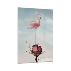Impression sur verre - Image sur verre - Un flamant rose debout sur une boule décorative avec des fleurs et des papillons. - 50x70cm - Allégorie du basket-ball - Décoration murale moderne pour le salon et la chambre ARTTOR