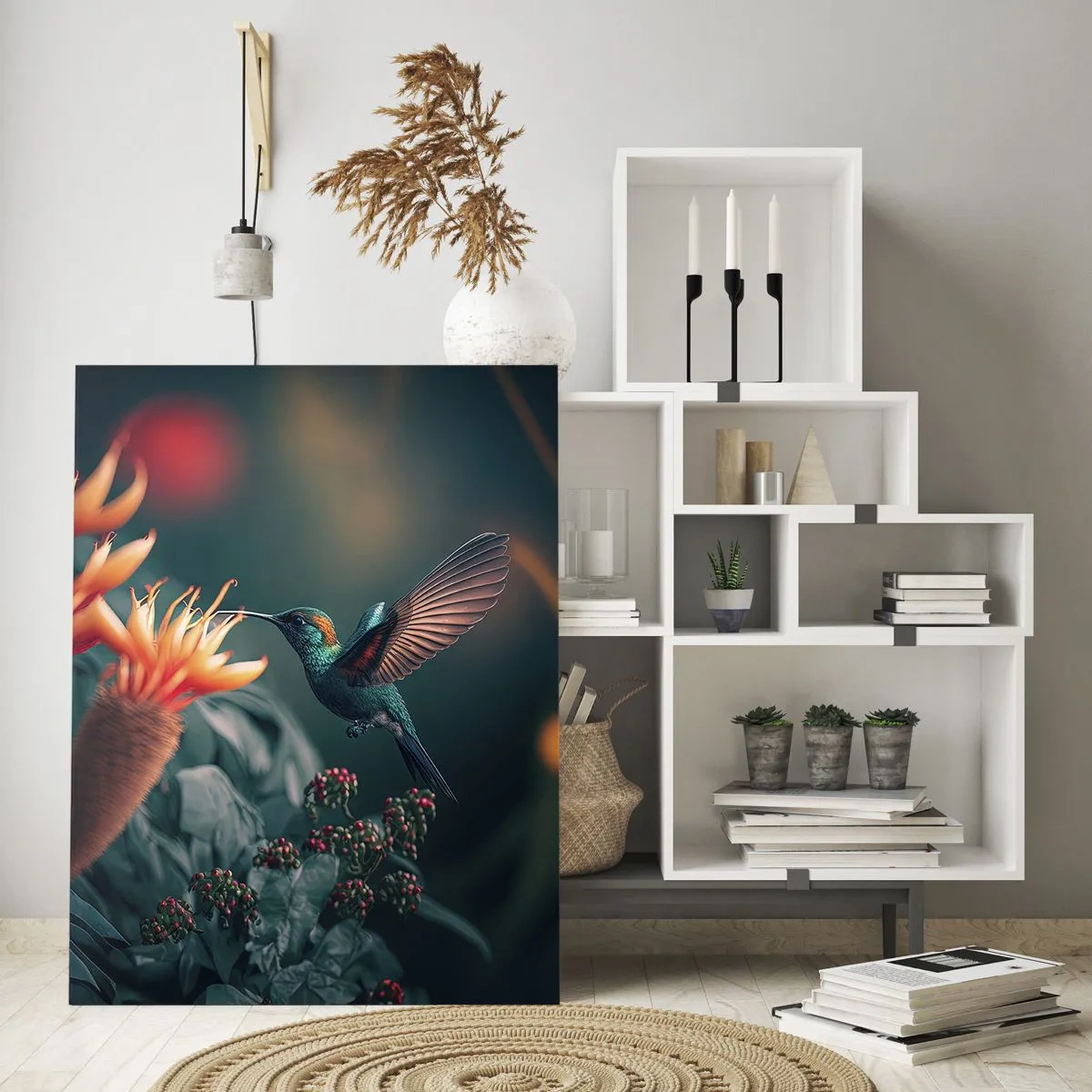 Impression sur verre - Image sur verre - Un colibri plane au-dessus de fleurs exotiques parmi les feuilles. - 50x70cm - une vie vraiment colorée - Décoration murale moderne pour le salon et la chambre ARTTOR