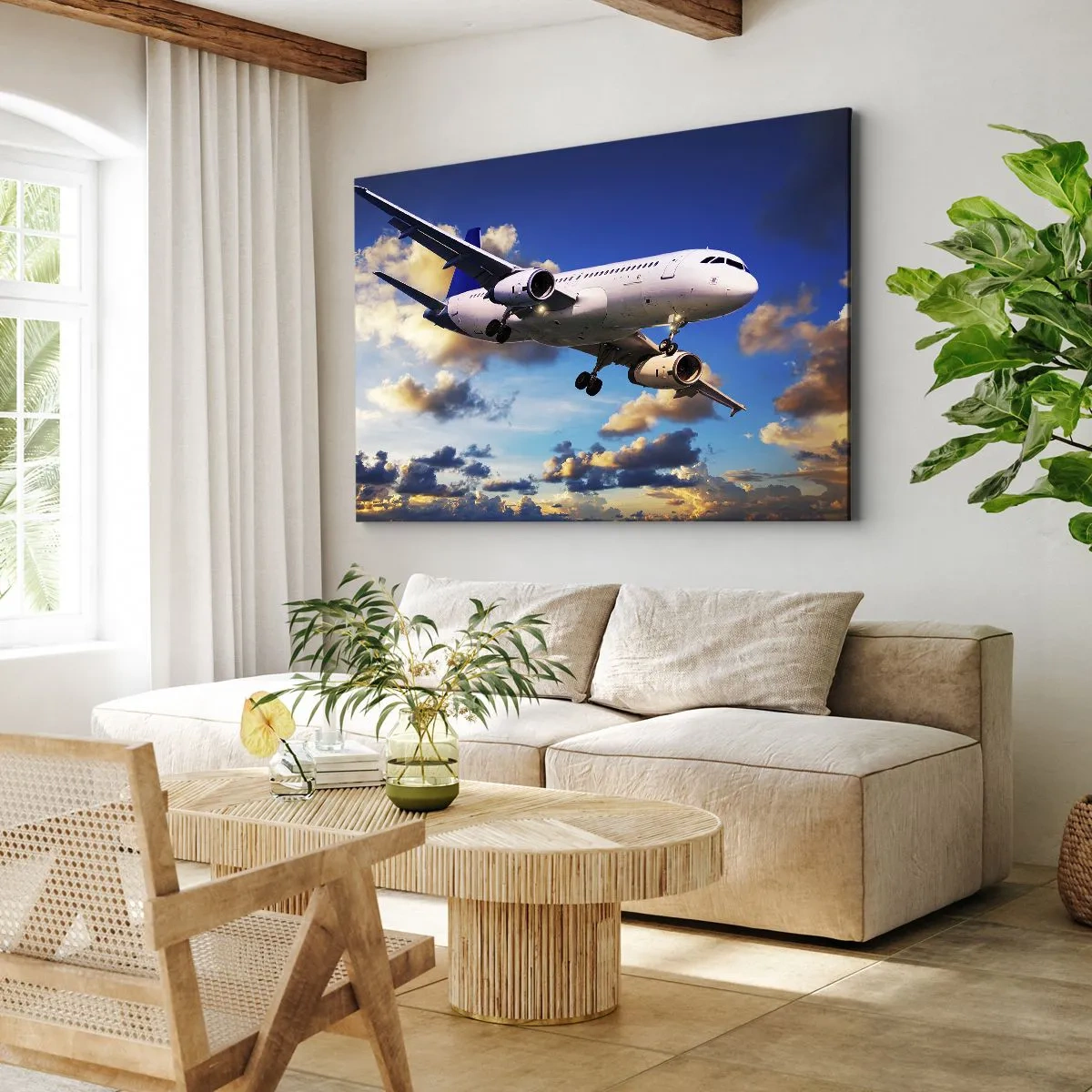 Impression sur toile - Image sur toile - Un avion de ligne contre les nuages au coucher du soleil - 70x50cm - Un voyage en blanc et bleu ciel - Décoration murale moderne pour le salon et la chambre ARTTOR
