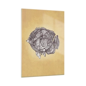 Impression sur verre - Image sur verre - Un poisson de dessin animé avec des ornements sur un fond beige - 50x70cm - D'un océan d'ornements - Décoration murale moderne pour le salon et la chambre ARTTOR