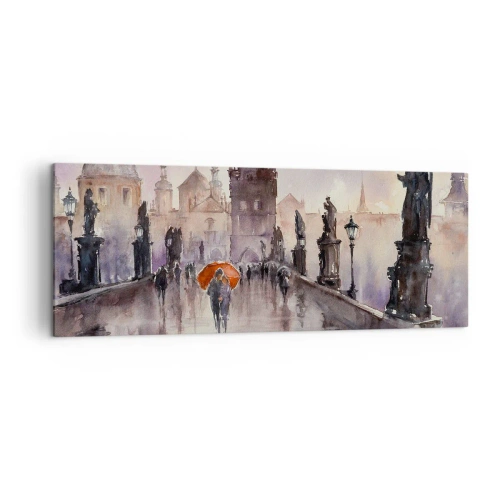 Impression sur toile - Image sur toile - Vue romantique d'un pont avec un parapluie sur fond de ville en soirée - 140x50cm - Les gens ne changent pas - Décoration murale moderne pour le salon et la chambre ARTTOR
