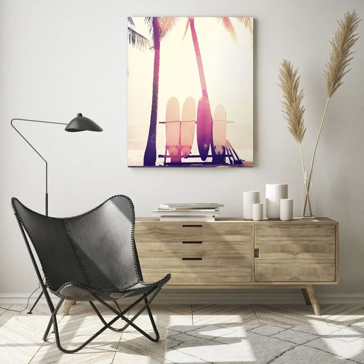 Impression sur verre - Image sur verre - Palmiers et planches de surf sur la plage au soleil - 70x100cm - Ca va être une journée magnifique - Décoration murale moderne pour le salon et la chambre ARTTOR