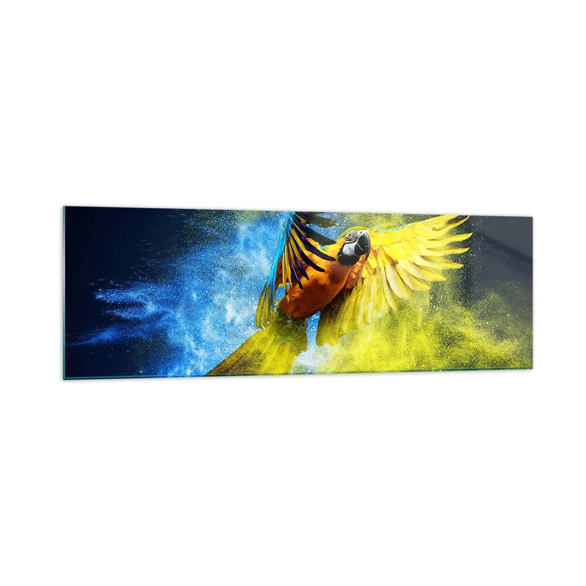 Impression sur verre - Image sur verre - Un perroquet en vol sur fond d'explosions colorées de jaune et de bleu. - 160x50cm - Dans la poussière bleue et dorée - Décoration murale moderne pour le salon et la chambre ARTTOR