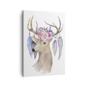 Impression sur toile - Image sur toile - Cerf romantique avec fleurs et plumes - 50x70cm - Guide de l'âme - doux, innocent - Décoration murale moderne pour le salon et la chambre ARTTOR