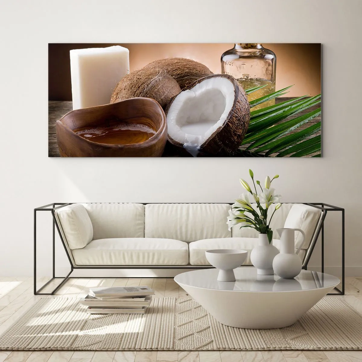 Impression sur verre - Image sur verre - Noix de coco, bougie et huile sur fond de bois - 140x50cm - Santé des îles tropicales - Décoration murale moderne pour le salon et la chambre ARTTOR