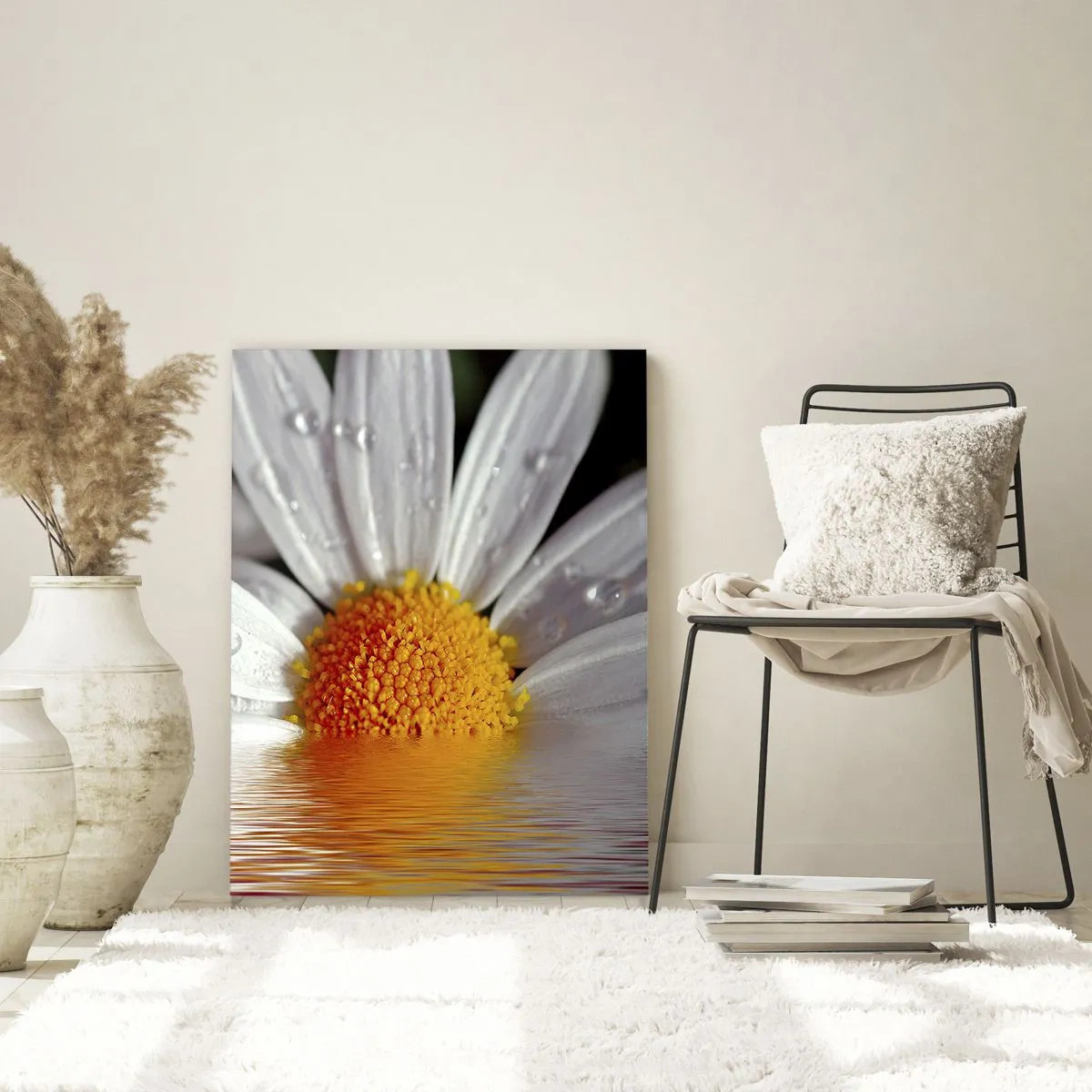 Impression sur verre - Image sur verre - Une marguerite blanche avec des gouttes d'eau immergées dans un reflet d'eau - 80x120cm - Le soleil levant des marguerites - Décoration murale moderne pour le salon et la chambre ARTTOR