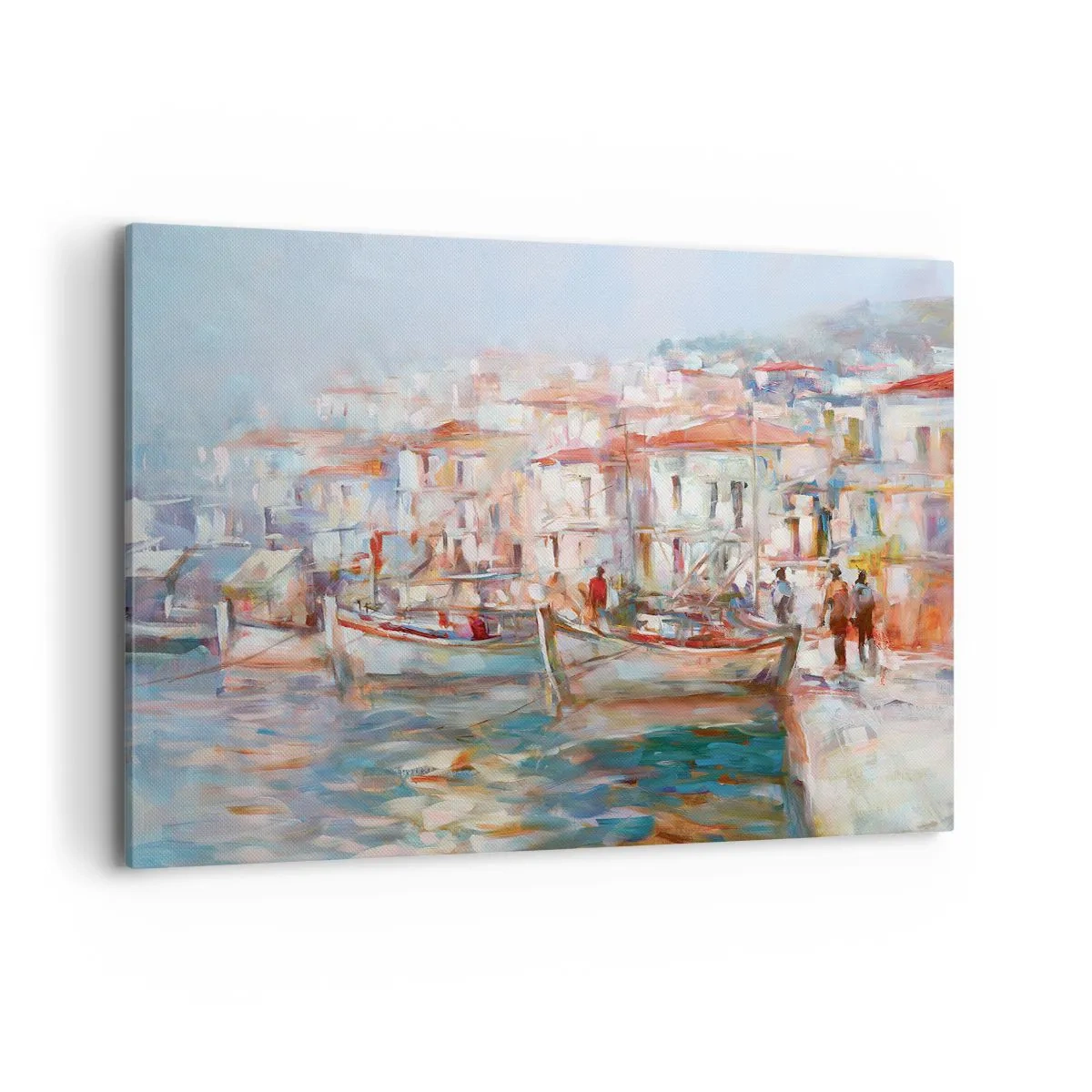 Impression sur toile - Image sur toile - Impression de port avec bateaux et bâtiments - 120x80cm - Vacances pastelles - Décoration murale moderne pour le salon et la chambre ARTTOR