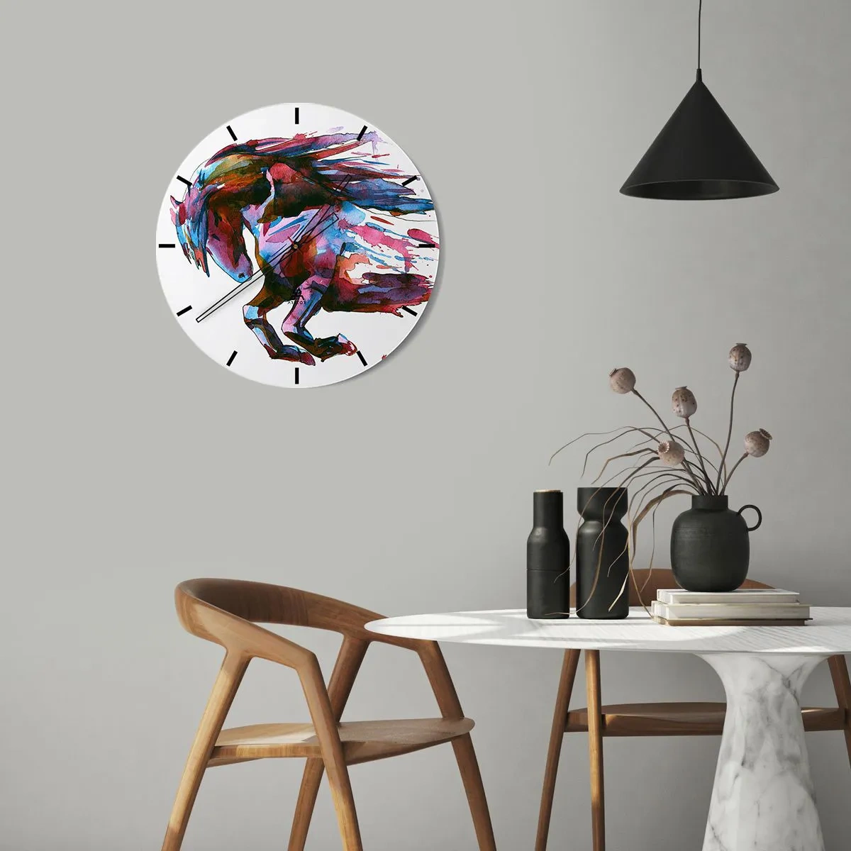 Horloge murale - Pendule murale - Un cheval dynamique aux couleurs aquarelles avec une crinière fluide - 30x30cm - Dans le ravissement - Décoration murale moderne pour le salon, la cuisine et la chambre ARTTOR