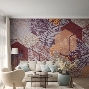 Papier Peint Photo Premium Sand - Feuilles abstraites dans un motif géométrique - 100x70cm - Relation impossible entre la géométrie et la nature - Décoration murale moderne pour le salon et la chambre ARTTOR