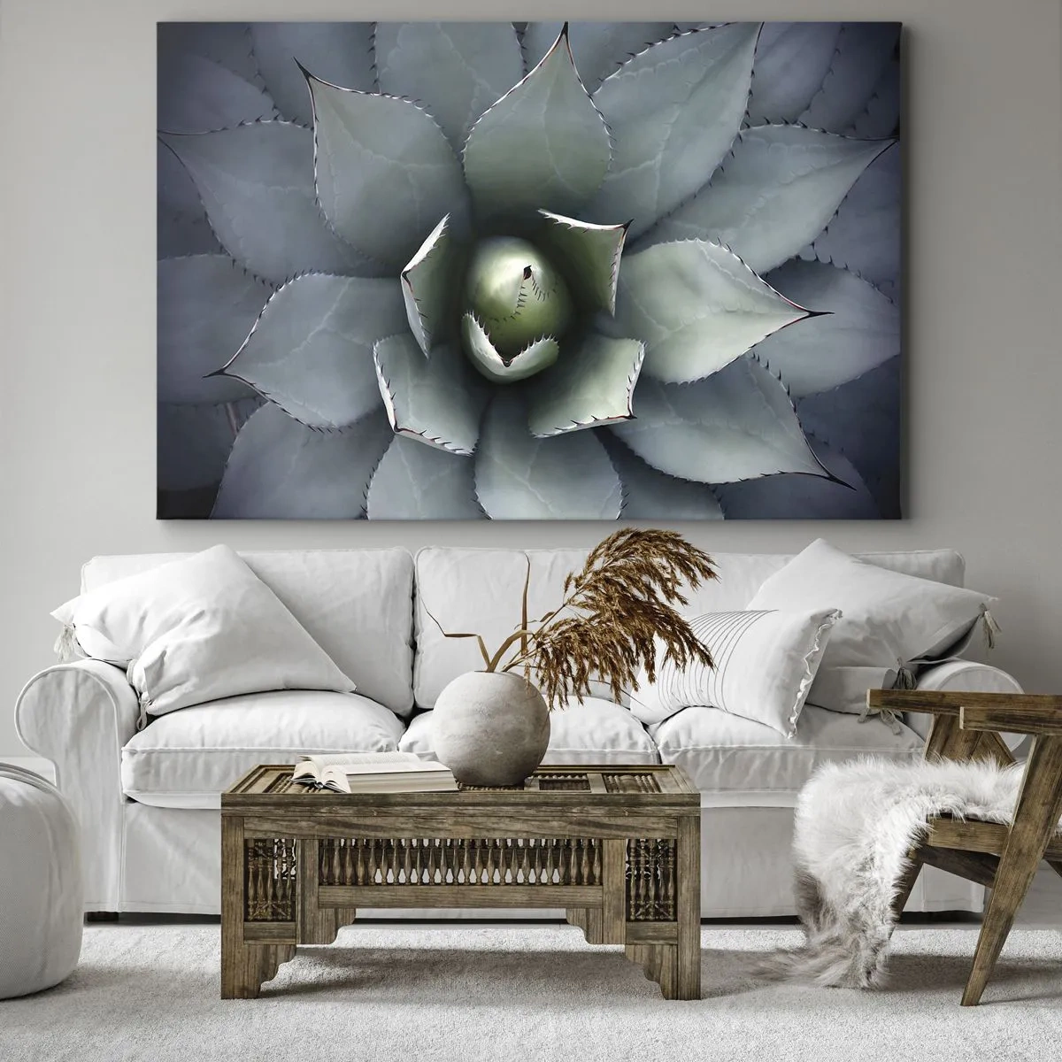 Impression sur toile - Image sur toile - Gros plan d'une rosette d'agave aux délicates nuances de vert - 100x70cm - Wabi et observe - Décoration murale moderne pour le salon et la chambre ARTTOR
