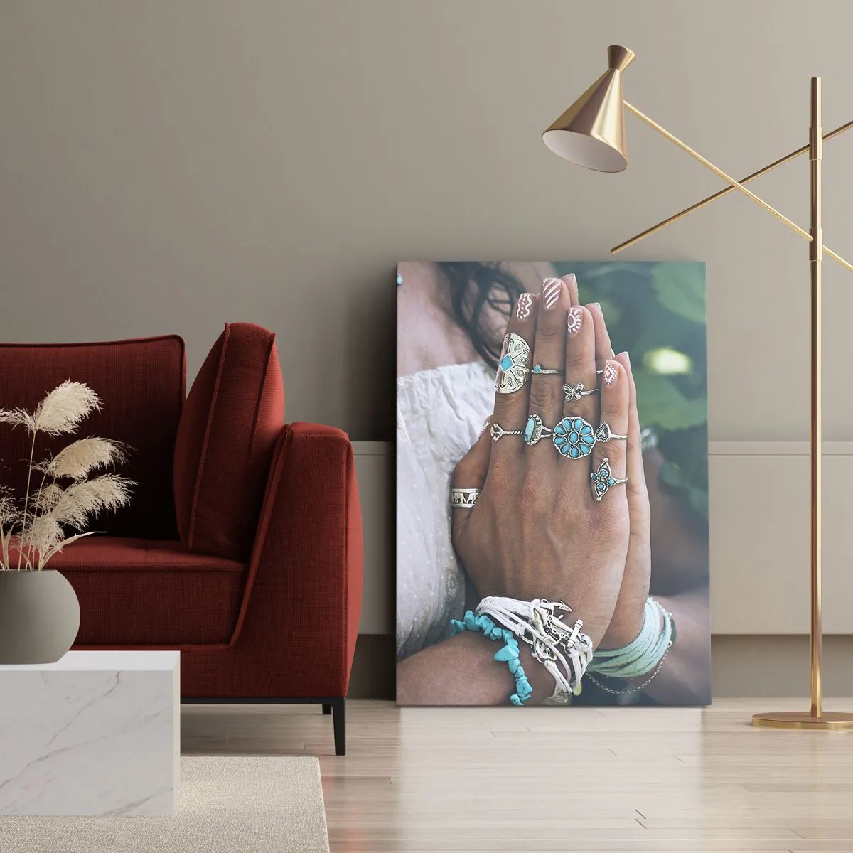 Impression sur toile - Image sur toile - Mains décorées de bijoux bohèmes - 50x70cm - Bienvenue au centre du bien-être - Décoration murale moderne pour le salon et la chambre ARTTOR