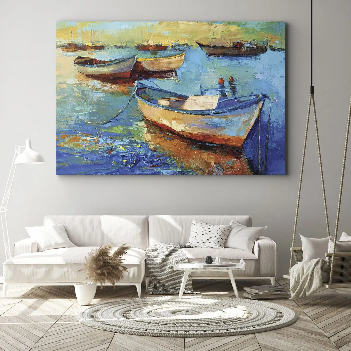 Impression sur toile - Image sur toile - Bateaux colorés amarrés sur une eau calme - 70x50cm - Dans la baie du sud - Décoration murale moderne pour le salon et la chambre ARTTOR