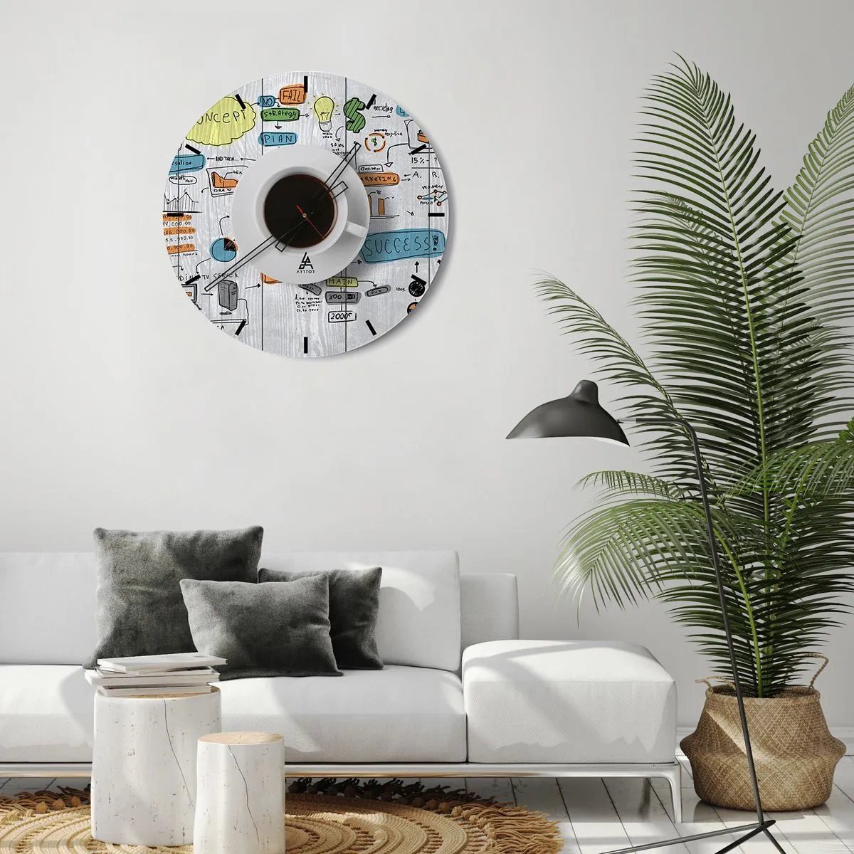 Horloge murale - Pendule murale - Une tasse de café sur fond de business plan et de graphiques - 30x30cm - Il est temps de faire une pause - Décoration murale moderne pour le salon, la cuisine et la chambre ARTTOR